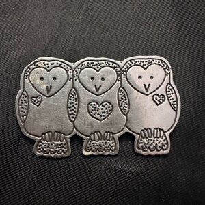 Vintage Mexican Sterling Silver "Three Wise Owls" Heart Brooch - 8.8g